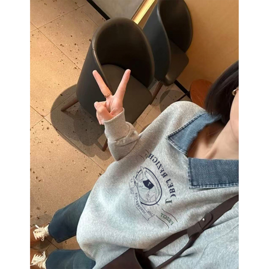 ฤดูใบไม้ร่วงผู้หญิงเกาหลีหลวมโปโลคอปกแขนยาวพิมพ์เสื้อกันหนาว 251017