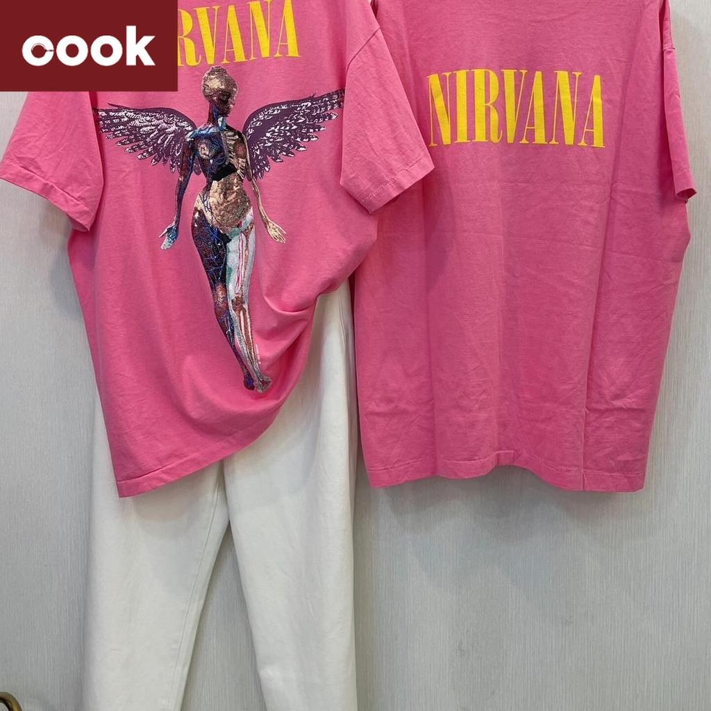 เกาหลี เสื้อยึด ผ้าเทคโนโลยี Sorona จากอเมริกา พิมพ์ลาย Nirvana เสื้อยืด oversize เหมาะ ผู้หญิง และ ผู้ชาย a15
