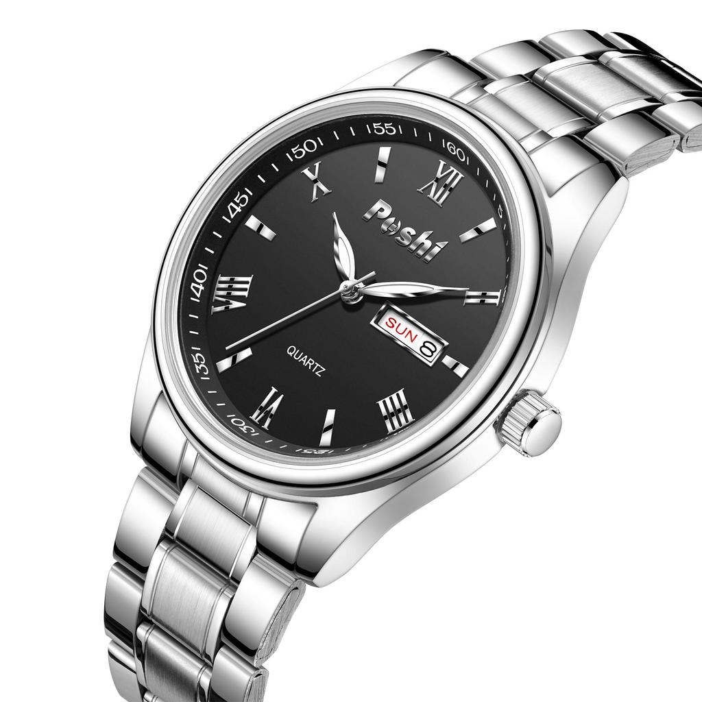 POSHI นาฬิกาสําหรับผู้ชายกันน้ําสแตนเลสควอตซ์ปฏิทินส่องสว่างธุรกิจบุรุษนาฬิกา Relo Pawnable พร้อมกล่