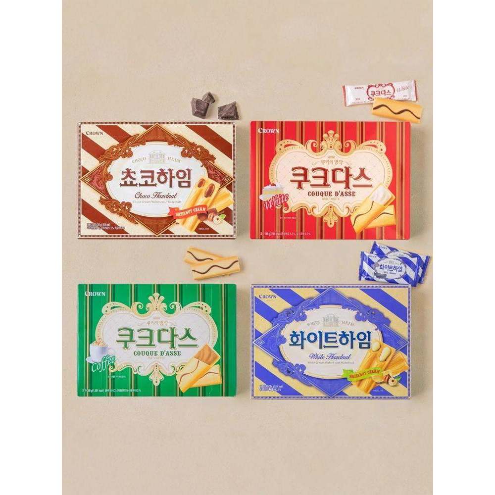 Crown Chocolate Milk Hazelnut Coffee Cream Heart-Shaped Wafer Biscuit Bar Snacks นําเข้าจากเกาหลี เน