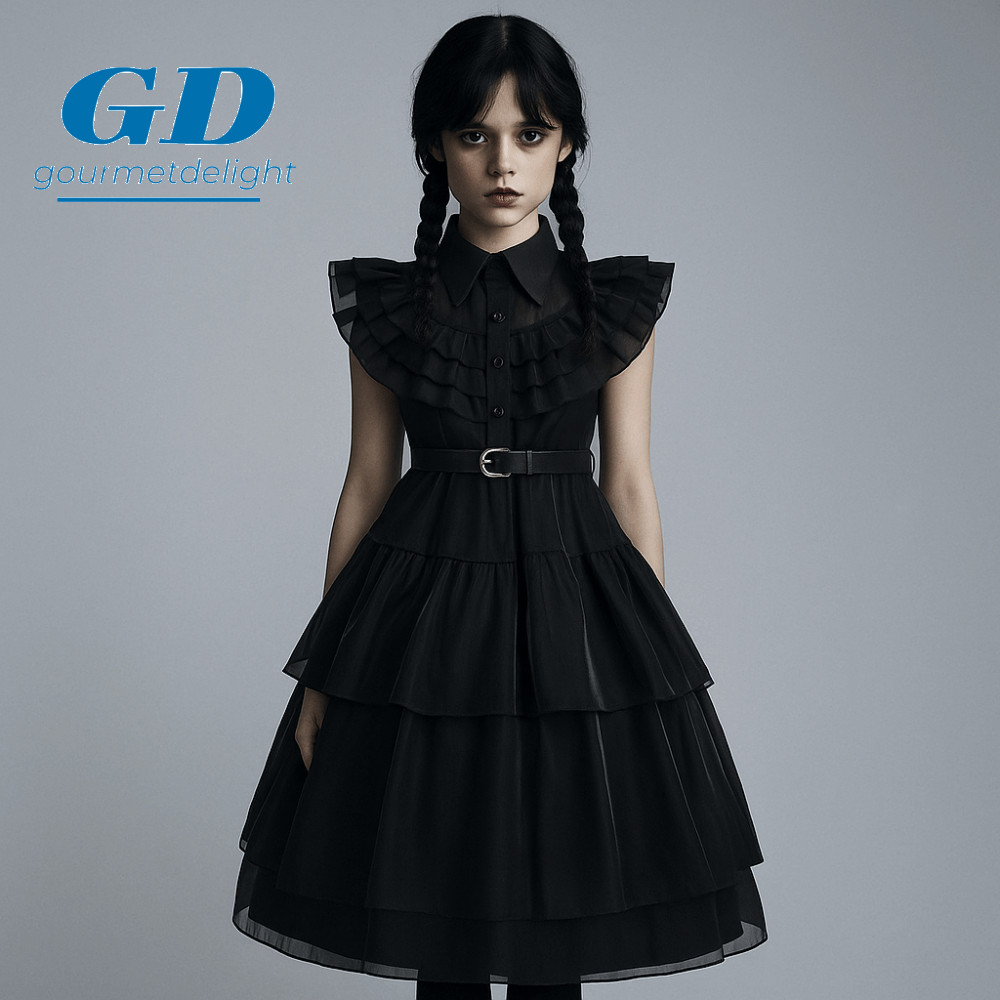 GOURMETDELIGHT Addams Wednesday Gothic สไตล์ ชุดHALLOWEEN เครื่องแต่งกายสำหรับเด็ก ชุดเจ้าหญิงสีดำ