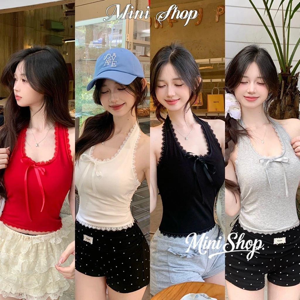 Mini shop🌸พร้อมส่ง🌸(FY10100) เสื้อคล้องคอ เว้าหลัง มีฟองน้ำในตัว สีสดใสใส่สบาย ผ้ายืด