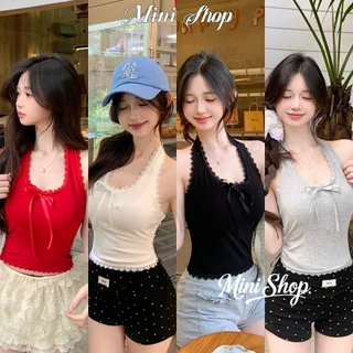 Mini shop🌸พร้อมส่ง🌸(FY10100) เสื้อคล้องคอ เว้าหลัง มีฟองน้ำในตัว สีสดใสใส่สบาย ผ้ายืด