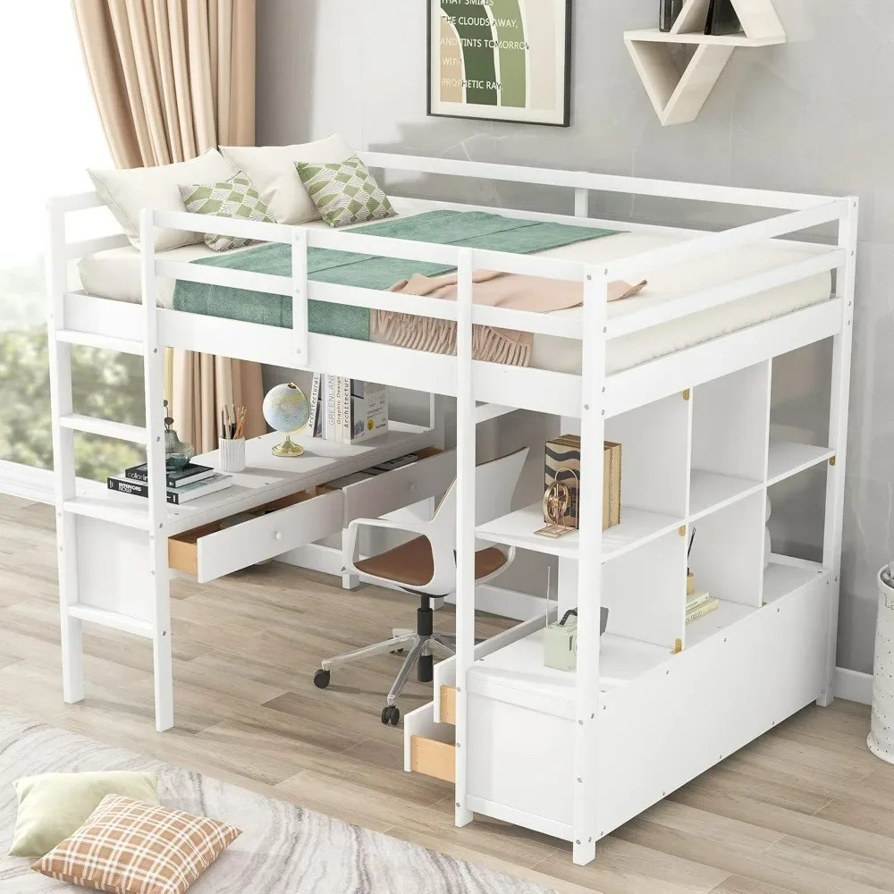 Harper & Bright Designs Full Size Loft Bed Frame พร้อมโต๊ะและที่เก็บของ, เตียง Loft ไม้เนื้อแข็งพร้อ
