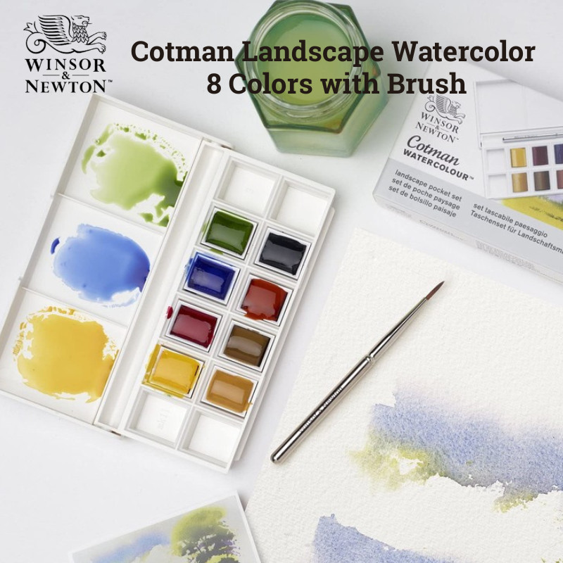 Winsor & Newton Cotman Half Pan Watercolor – 8 Colors & Brush