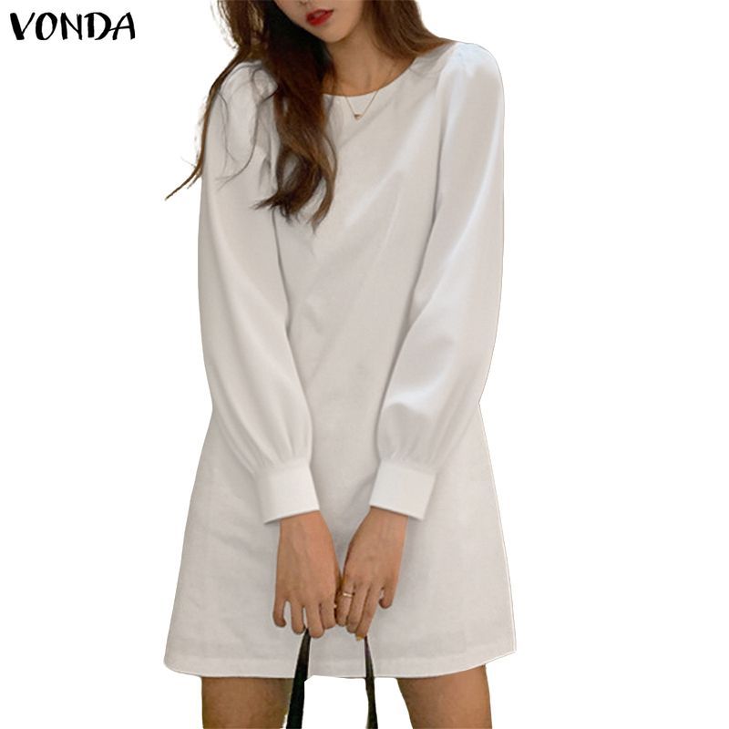 VONDA ชุดเดรส A-Line คอกลมแขนยาวลําลองเกาหลีสําหรับผู้หญิง