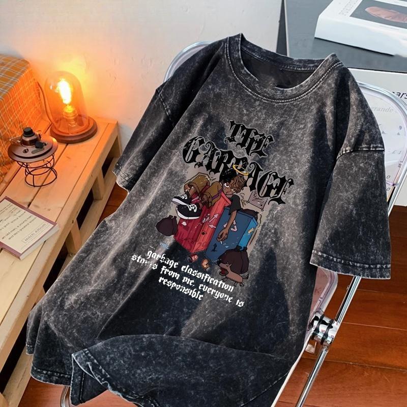 [TBN] ชายและหญิงเสื้อยืดฟอกขาวโอเวอร์ไ ซส์ผ้าคอตตอนแนวแ ฟชั่นฮิปฮอปเรโทร คอกลมทรงหลวมCOTTON100%แนวโน