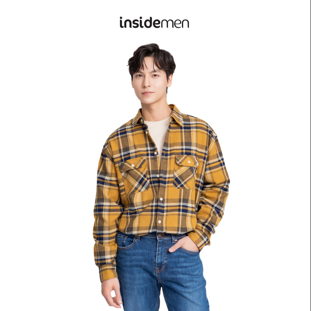 INSIDEMEN เสื้อเชิ้ตแขนยาวทรงหลวมคอปกลายสก๊อตสไตล์เกาหลีเฉพาะสําหรับผู้ชายเสื้อแจ็คเก็ตผ้าสักหลาด IL