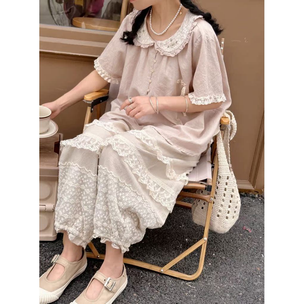 2023 Muye [Muye] Mori สไตล์หญิงหวานวรรณกรรม All-Match ขนาดเล็กสดสไตล์หลวมเสื้อเด็กปักมือ