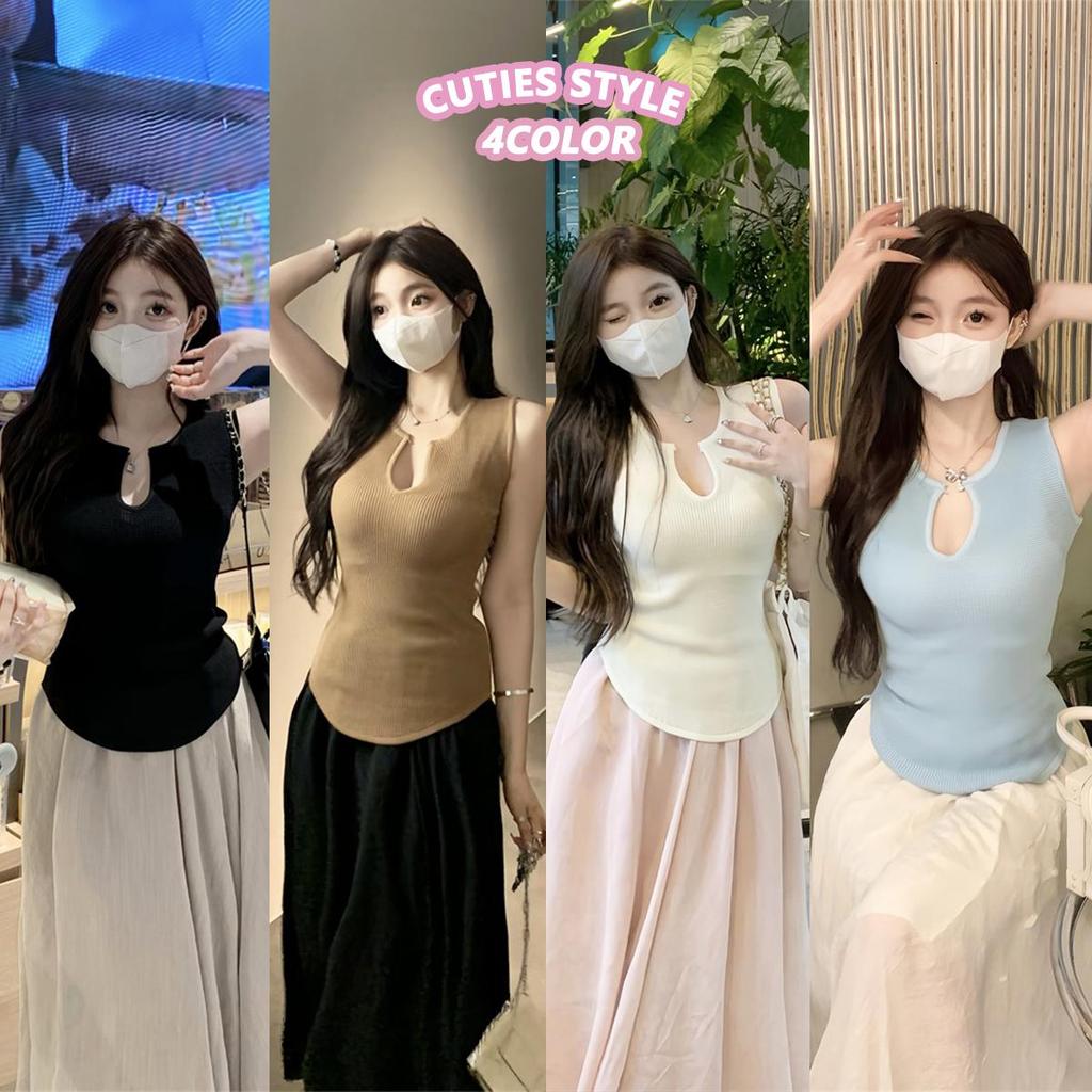 👚Anna👚 เสื้อกั๊กไหมน้ำแข็งคอวีถักทรงไม่สมมาตร เสื้อกั๊กคอวีแขนกุด ผ้าถัก สวมใส่สบาย แฟชั่นและเซ็กซี่ D620 Women Clothing