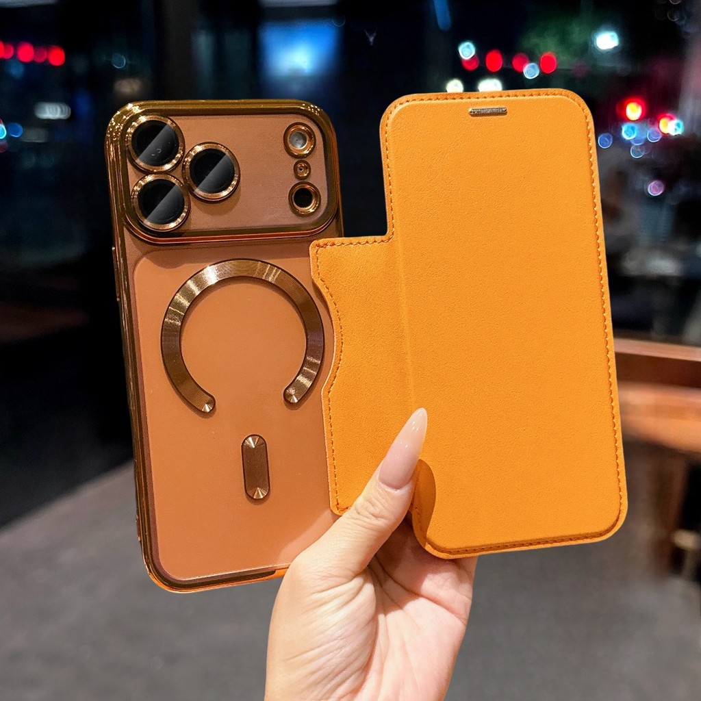 ชุบเคสแม่เหล็กโปร่งใสสําหรับ iPhone 17 16 15 Pro Max plus ผู้ถือบัตรหนังพรีเมี่ยมตัวป้องกันเลนส์ฝาครอบกันกระแทก