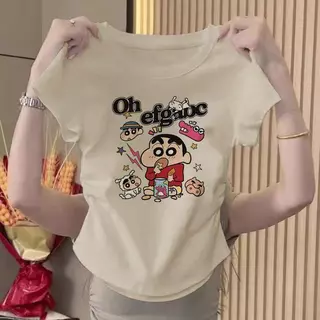 【กรุงเทพจัดส่งสินค้า】เสื้อยืดครอปผู้หญิง ลายการ์ตูน แขนสั้น ทรงสลิมฟิต สำหรับสาวอ้วน ไซส์ S-XL มีหลายไซส์ให้เลือก คอกลม