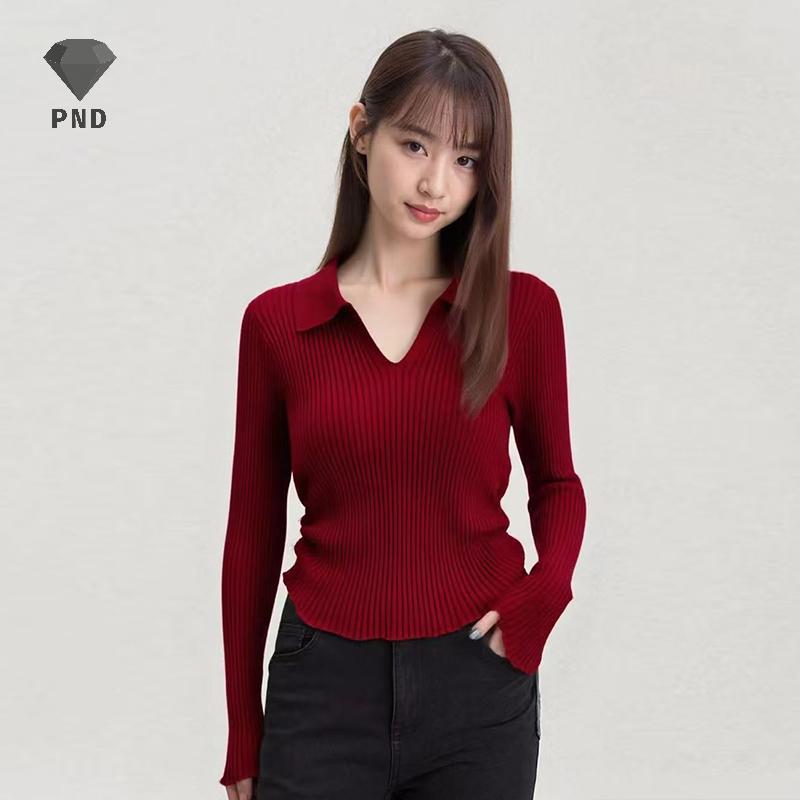 PND คอครึ่งเปิดแขนยาวสำหรับผู้หญิง สไตล์ casual ลายเรียบพื้นฐาน ถักด้านบน