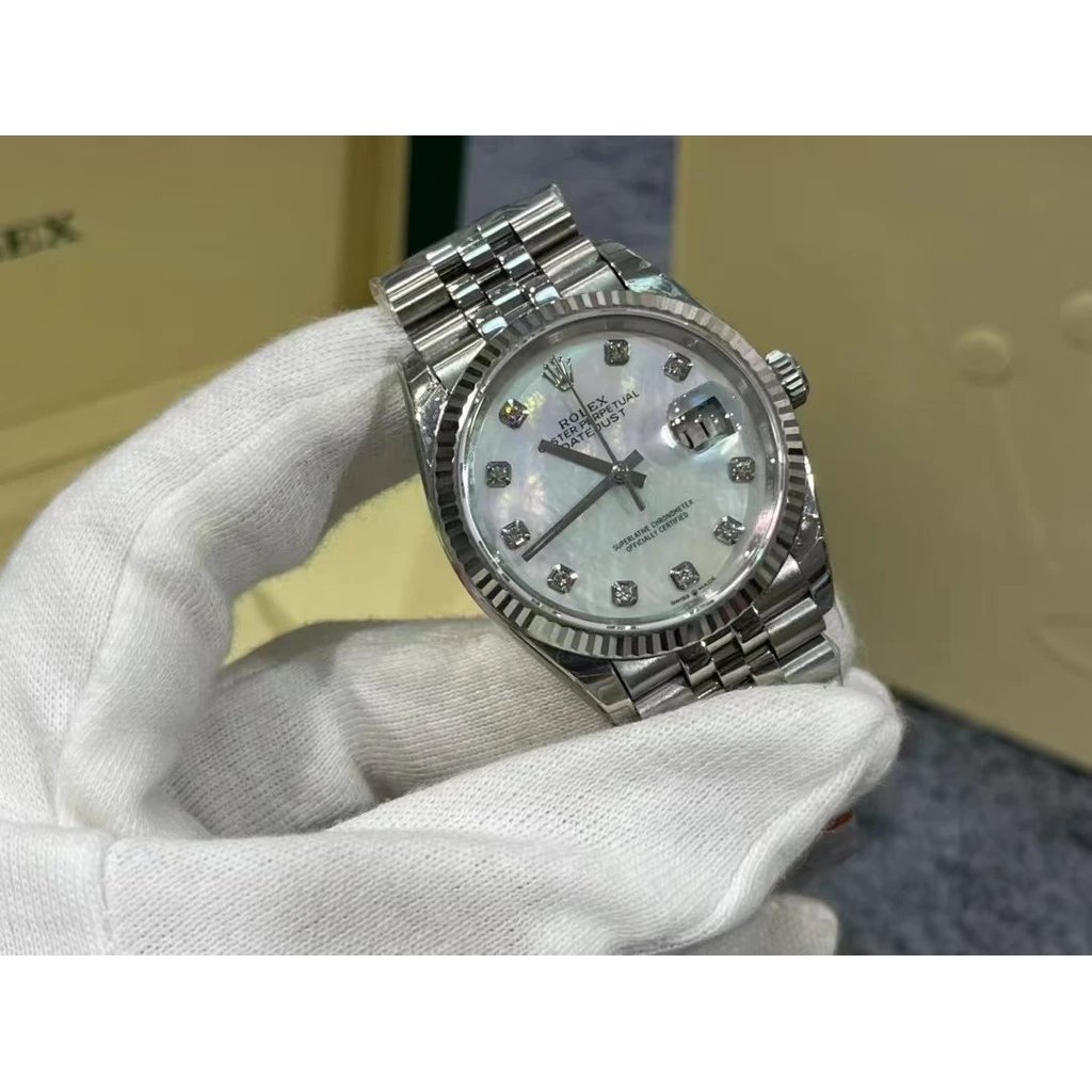 R ROLEX Log 36, แหวนฟันสุนัขเหล็กทั้งหมด, นาฬิกาข้อมือผู้ชายผู้หญิง, แม่มุก, แผ่นสีดํา, ล็อกขนาดเพชร