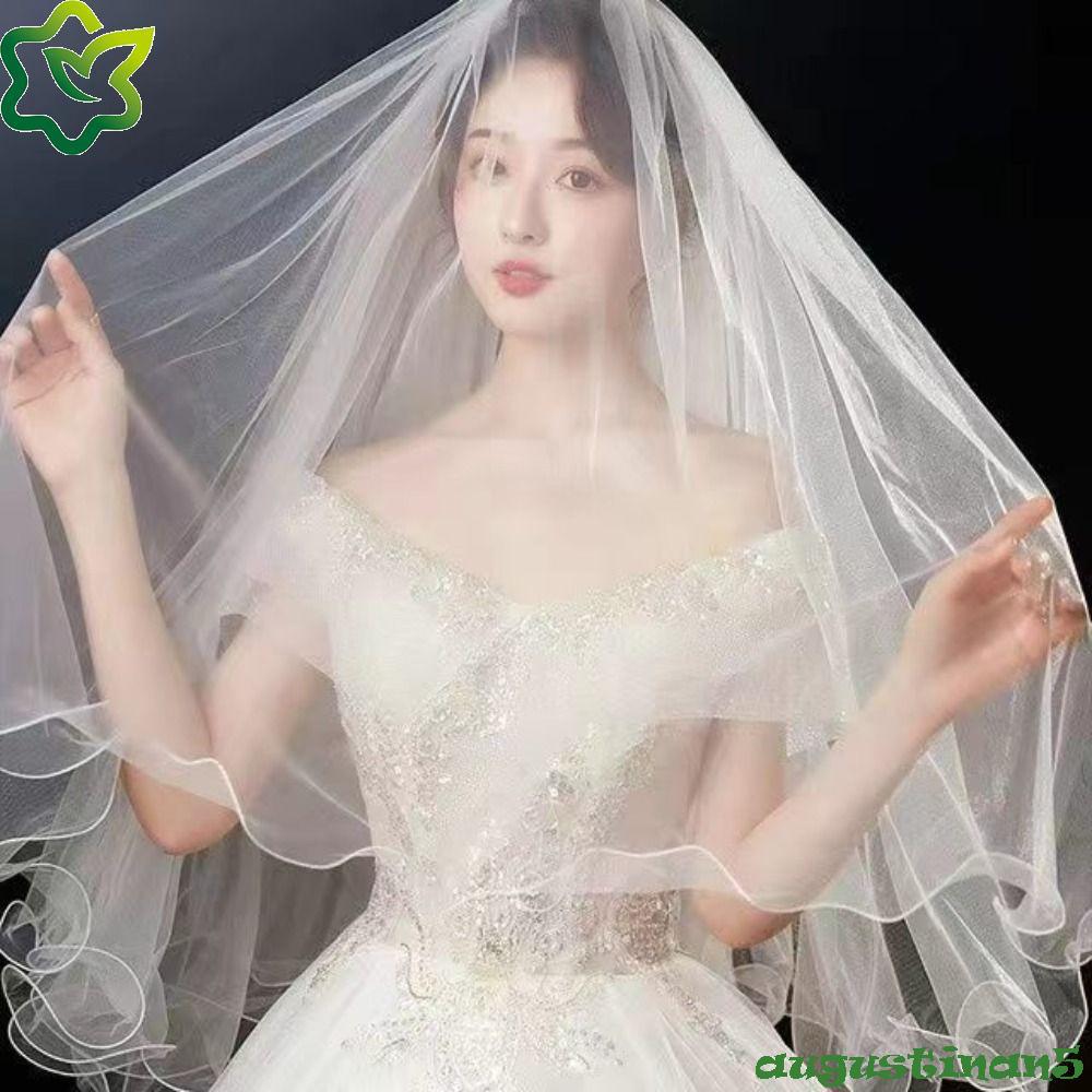 AUGUSTINAN ผ้าคลุมหน้าเจ้าสาว Tulle นุ่มสั้น สีขาวหรูหรา สำหรับงานแต่งงานและสวมใส่ง่าย