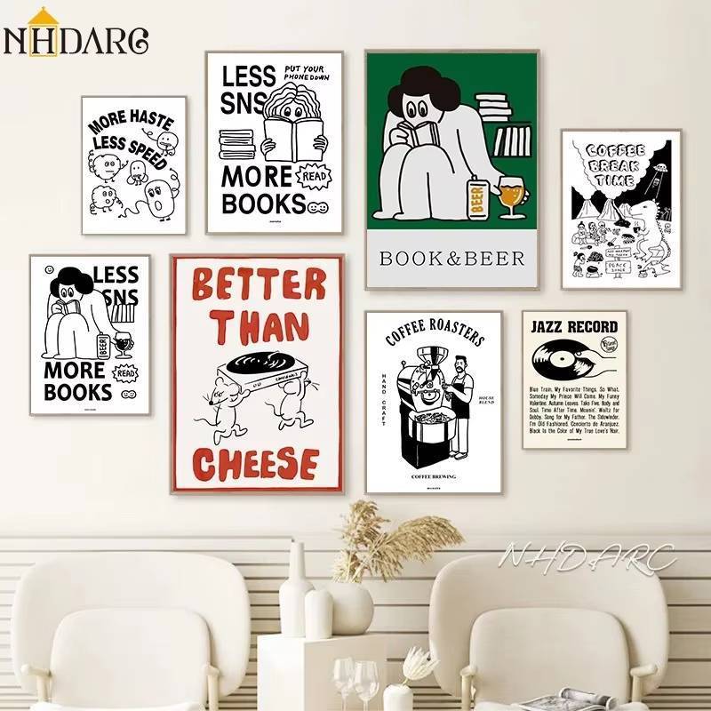 การ์ตูนน่ารัก Minimalist Line Art Wall Art ชุดหนังสือเบียร์กาแฟแจ๊สบันทึกตลกคําคมผ้าใบ Art