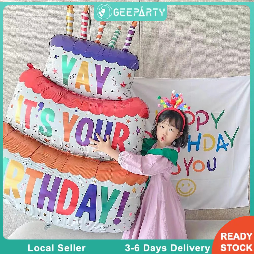 Geeparty 4D ขนาดใหญ่เค้กวันเกิดบอลลูนสามชั้นเค้กเทียนลายลูกโป่งฟอยล์อุปกรณ์ตกแต่งงานเลี้ยงวันเกิดอุปกรณ์ถ่ายภาพ