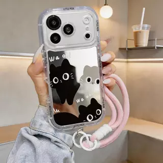 เคสไอโฟน ป้องกันเลนส์ ลายแมวดำสองตัวน่ารัก มีขาตั้ง สายคล้องชมพู iPhone11 13 15 17ProMax พร้อมส่งJHJMNYK73