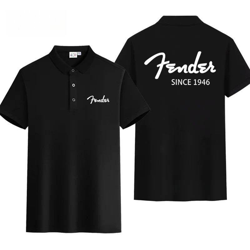 เสื้อโปโลแบรนด์ Fender Guitar | สีดำ | พิมพ์ลายด้านหน้าและด้านหลัง | ขนาด S-3XL