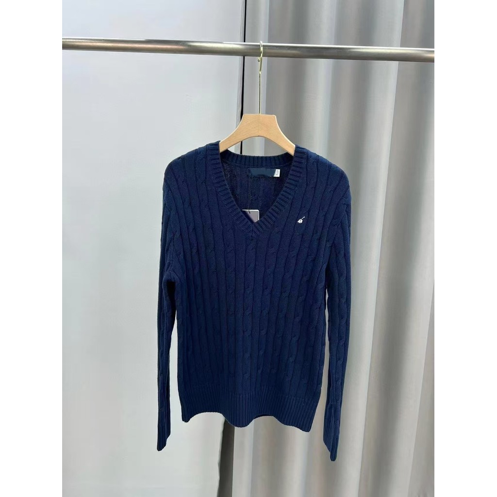 IZ4H RL Classic Pony Label Retro สีเทา V คอ Twisted Twisted ปักขนสัตว์ Pullover ฐานถักเสื้อกันหนาว S