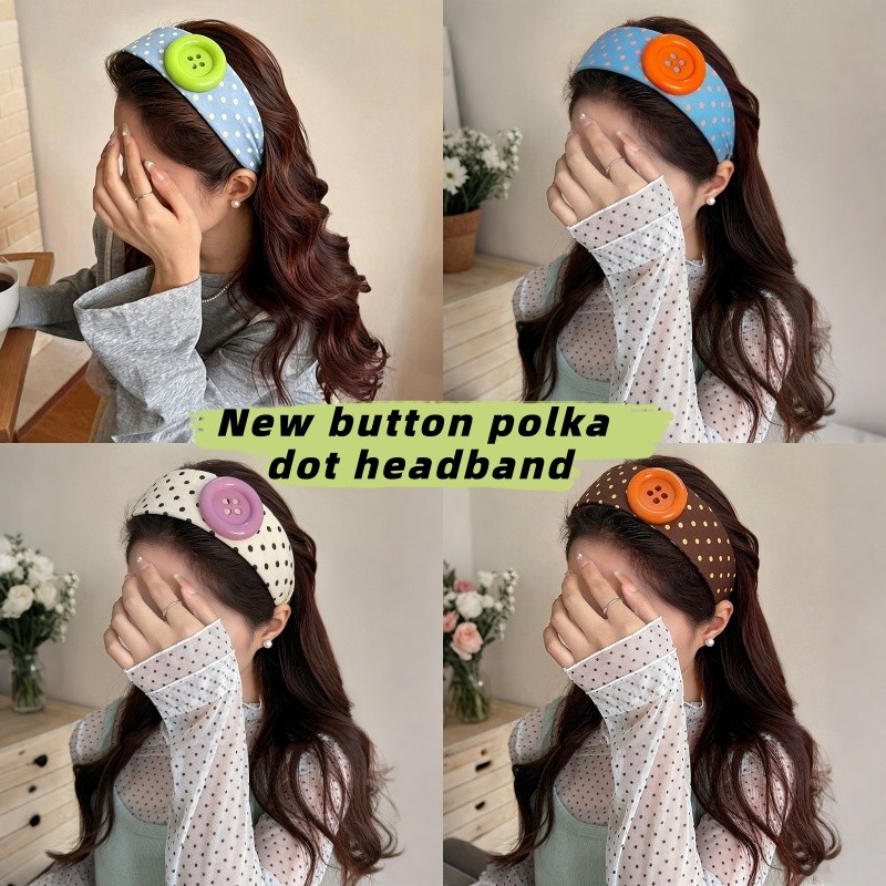 ใหม่ Y2K หวาน Polka Dot แถบคาดศีรษะกว้าง,น่ารัก Bright สี Big ปุ่มตกแต่งผ้า Hairband, Retro แฟชั่นอุปกรณ์เสริมผมทุกวันสําหรับสาว
