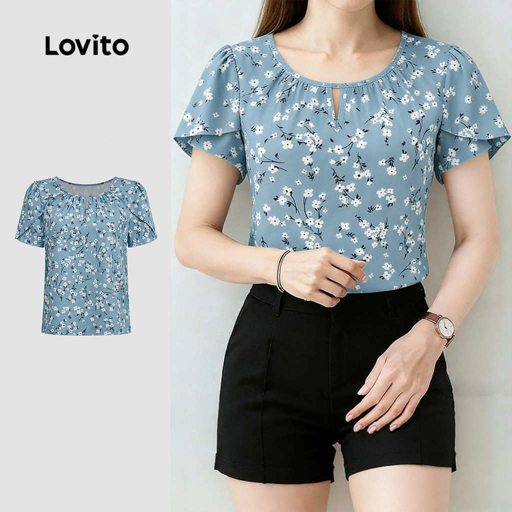 Lovito สง่างาม เสื้อเบลาส์ผู้หญิงคอปกเรียบหรู แขนสั้นจีบระบาย สําหรับฤดูใบไม้ผลิ/ฤดูร้อน L184LD551