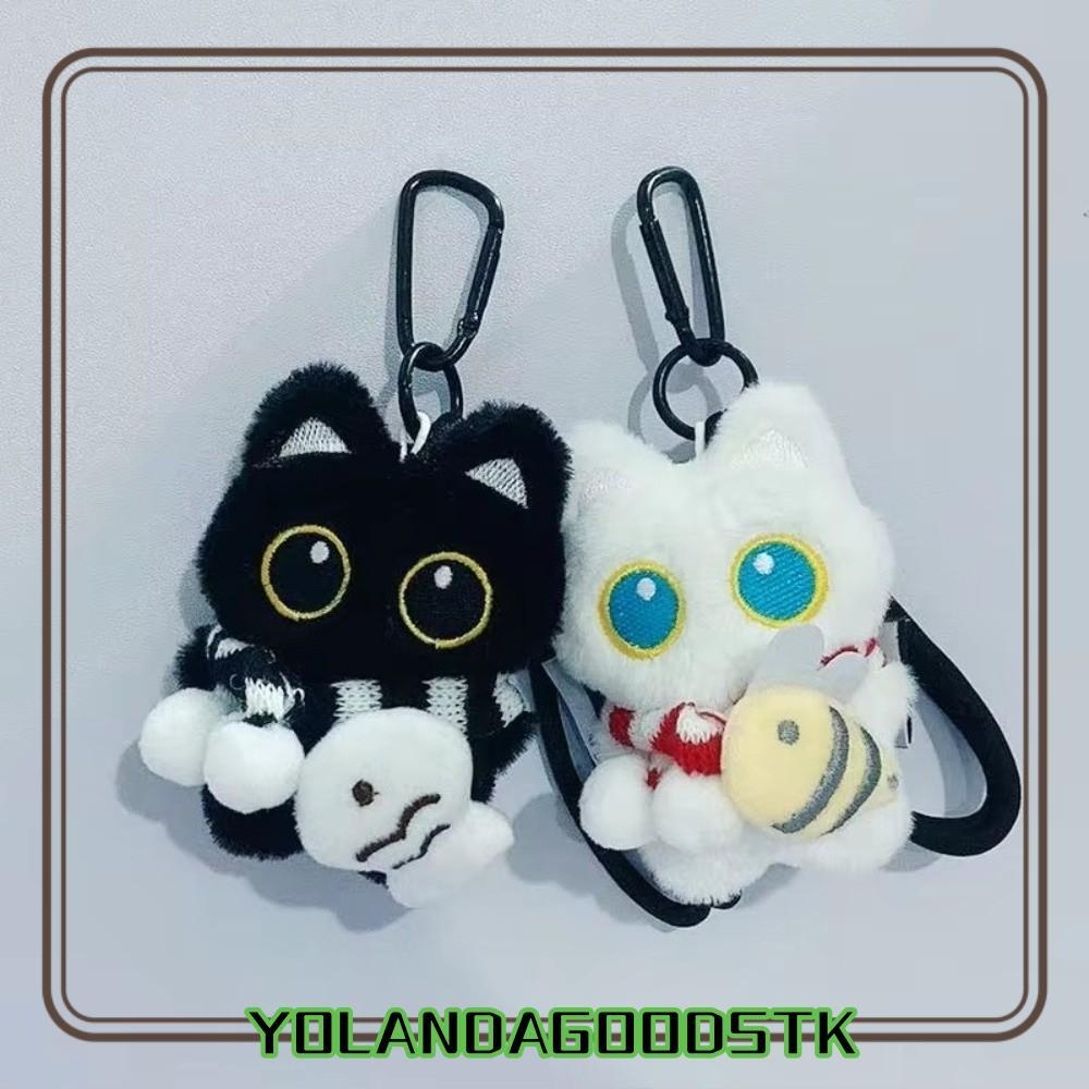 IYOLANDAGOODS1 Black Cat Plush พวงกุญแจตุ๊กตา,ปลา Bib Plush Cat พวงกุญแจตุ๊กตา,สีดําสีขาววัสดุตุ๊กตา