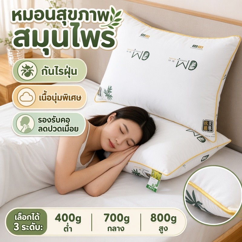 หมอนสุขภาพกันไรฝุ่น กันยุง กำจัดไร ป้องกันแบคทีเรีย+เนื้อนุ่มพิเศษ รองรับคอ-ลดปวดเมื่อย ด้านเดียวช่วยรองรับ