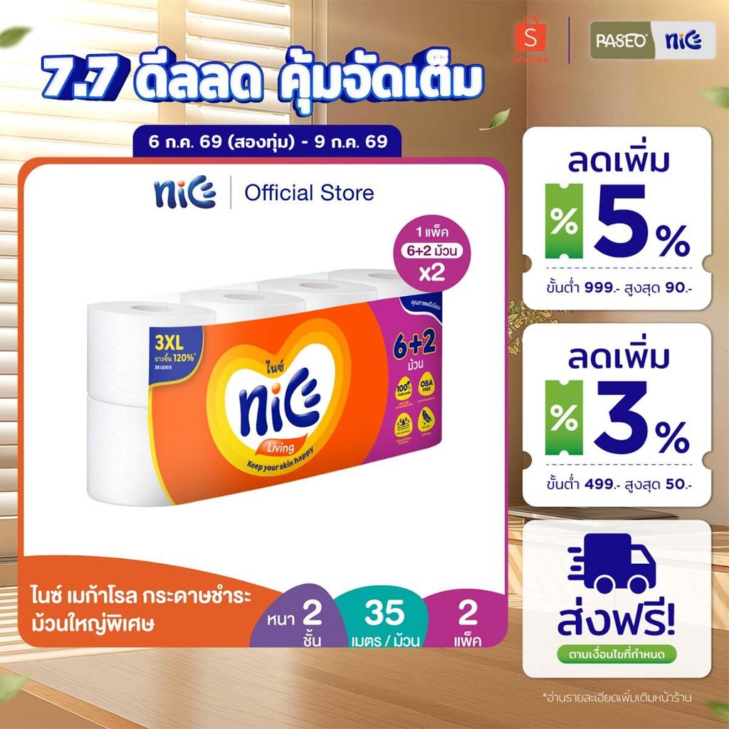 (2 แพ็ค 16 ม้วน) Nice ไนซ์ เมก้าโรล กระดาษชำระ ม้วนใหญ่พิเศษ แพ็ค 6+2 ม้วน (35ม./ม้วน) (ทิชชู่ กระดาษทิชชู่) x 2