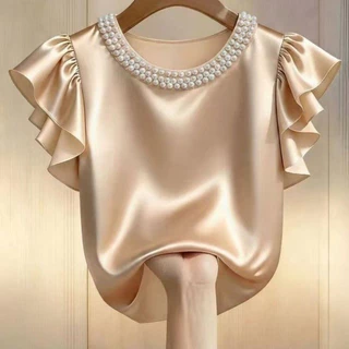เสื้อสตรีแขนสั้นผ้าซาติน สีแชมเปญ คอประดับมุก แขนระบาย สวยหรู ใส่สบาย เหมาะกับอากาศร้อน
