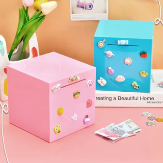 กระปุกออมสินหยอดได้อย่างเดียว วัสดุ ABS แข็งแรง 2 ขนาด S L พร้อมสติ๊กเกอร์ DIY ของขวัญวันเกิด