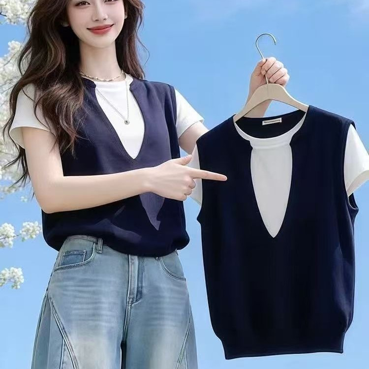 ประกบกัน สองชิ้นของอารมณ์รอบคอสีจับคู่กีฬาแขนสั้นเสื้อยืดผู้หญิงขนาดบวกหลวมและบางด้านบน