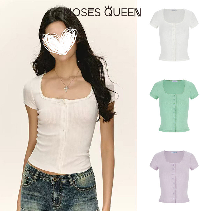 MOSESQUEEN เสื้อยืดแขนสั้นดีไซน์ย้อนยุคอเมริกันสําหรับผู้หญิงฤดูร้อนสไตล์ใหม่เสื้อสาวเท่ #63948