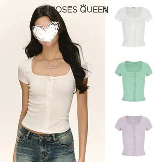 MOSESQUEEN เสื้อยืดแขนสั้นดีไซน์ย้อนยุคอเมริกันสําหรับผู้หญิงฤดูร้อนสไตล์ใหม่เสื้อสาวเท่ #63948