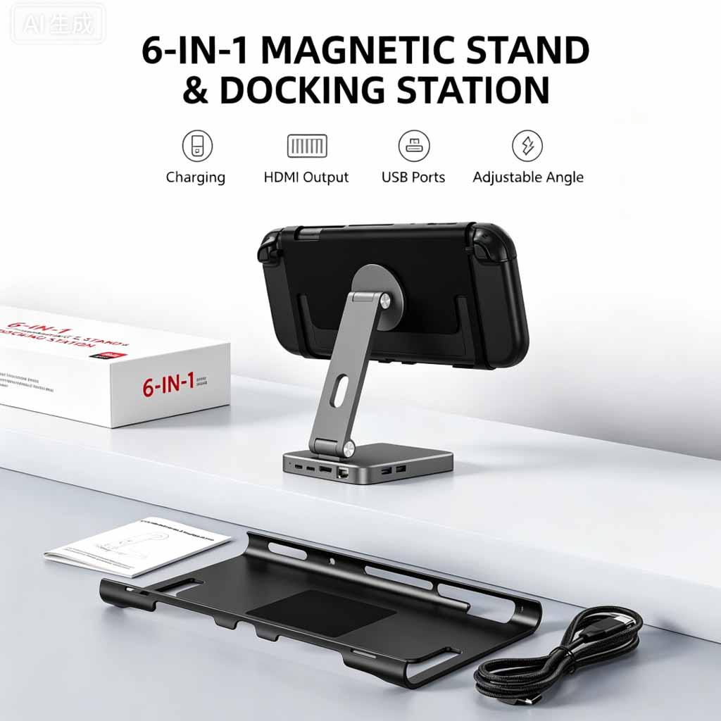6 in 1 Magnetic Stand &Docking Station เข้ากันได้กับ Switch 2, สถานีเชื่อมต่อทีวี, 4K@120Hz HDMI, Gi