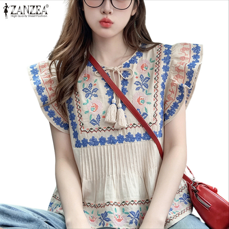 ZANZEA ผู้หญิงเกาหลีวินเทจชาติพันธุ์สวมใส่ลูกเรือคอ Ruffle แขนเสื้อพู่ Tie-Up ดอกไม้พิมพ์ Pleats เสื้อ