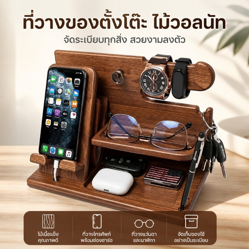 ชั้นวางเก็บของไม้สำหรับโต๊ะ Multifunction ชั้นวางโทรศัพท์ นาฬิกา และของจุกจิก ขนาดหลายชั้น วัสดุไม้เนื้อแข็งขนาดใหญ่