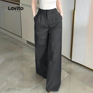 Lovito แคชชวล กางเกงลําลองผู้หญิง สีเทาเข้ม ทรงซิป กระดุม ดีไซน์คลาสสิก เหมาะสําหรับฤดูใบไม้ผลิและฤดูร้อน L34LD052