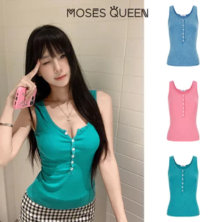 MOSESQUEEN โมเสสควีน เสื้อคล้องคอติดกระดุมทุกข์ย้อนยุคสไตล์อเมริกันสําหรับผู้หญิงใส่เป็นเสื้อตัวนอกดีไซน์คอยูไม่มีเส้น #63903