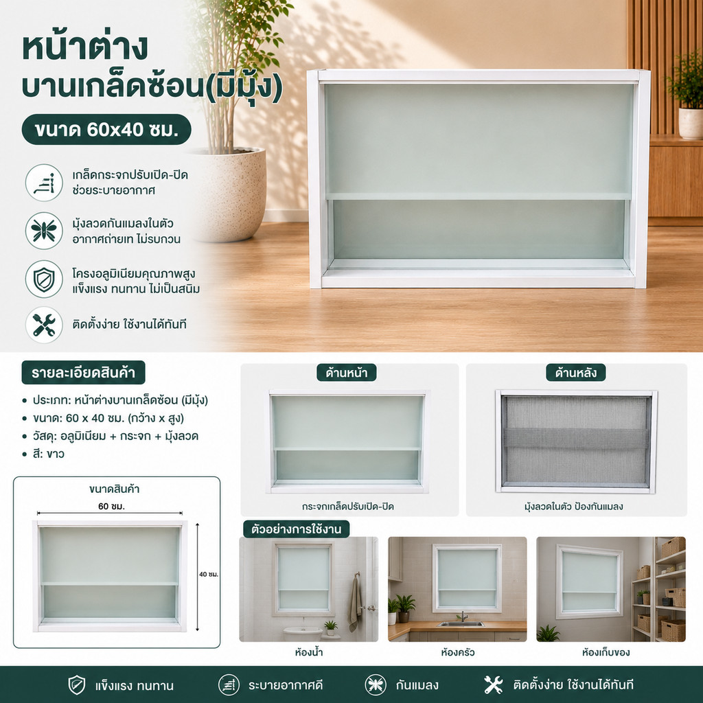 หน้าต่างบานเกล็ดซ้อน ขนาด 60x40 ซม. หน้าต่างระบายอากาศสำเร็จรูป (มีมุ้ง) พร้อมส่ง