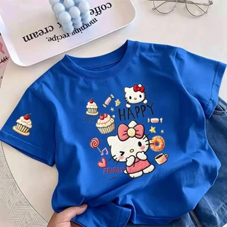 Pebbi Baby เสื้อยืดเด็กผู้หญิงแขนสั้นฤดูร้อน2026 ลายพิมพ์ Hello Kitty เค้กขนมหวาน ผ้าฝ้าย100% นุ่มระบายอากาศ สไตล์เกาหลี