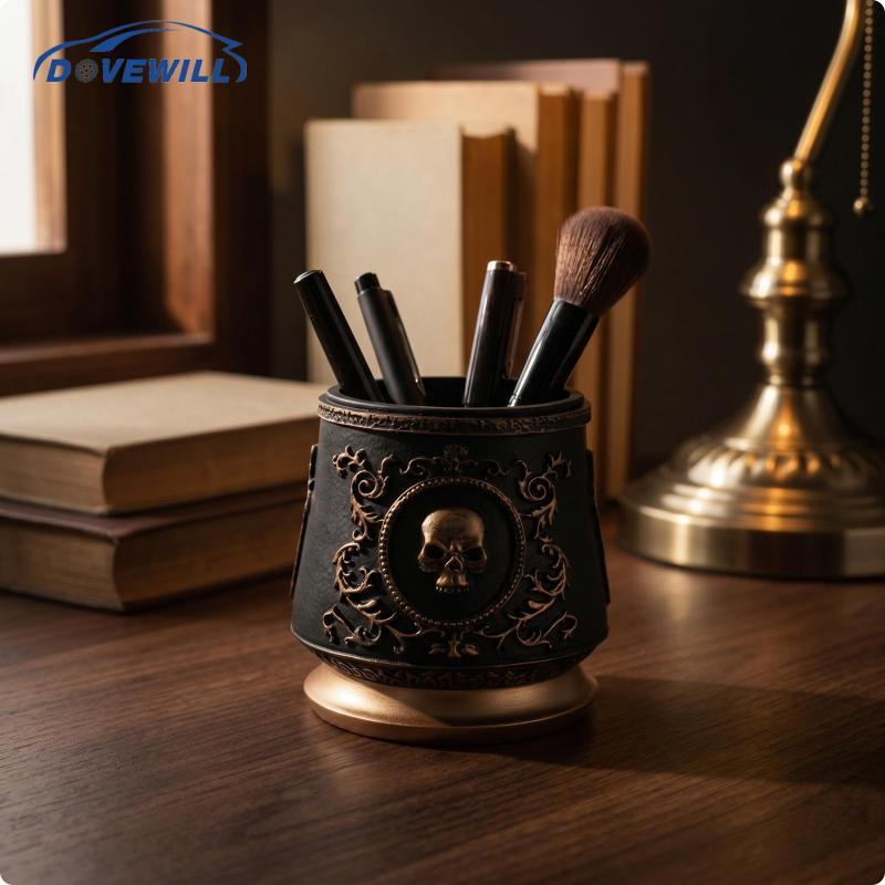 [Dovewill] Home Decor Gothic Cranium Holder ทําความสะอาดง่าย Cranium Pen Holder Bronze-Toned