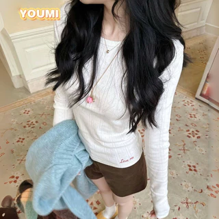 ส่งไวจากไทย เสื้อยืดแขนยาวปักลาย แจ็คคาร์ด สไตล์เกาหลีของแท้ไหล่ คอกลม🎀YOUMI