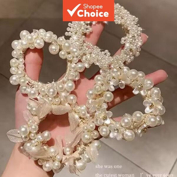 ยางรัดผมลูกปัดมุก 3 ชิ้น สง่างามสําหรับผู้หญิง, ผมหางม้าหวาน & Bun Ties