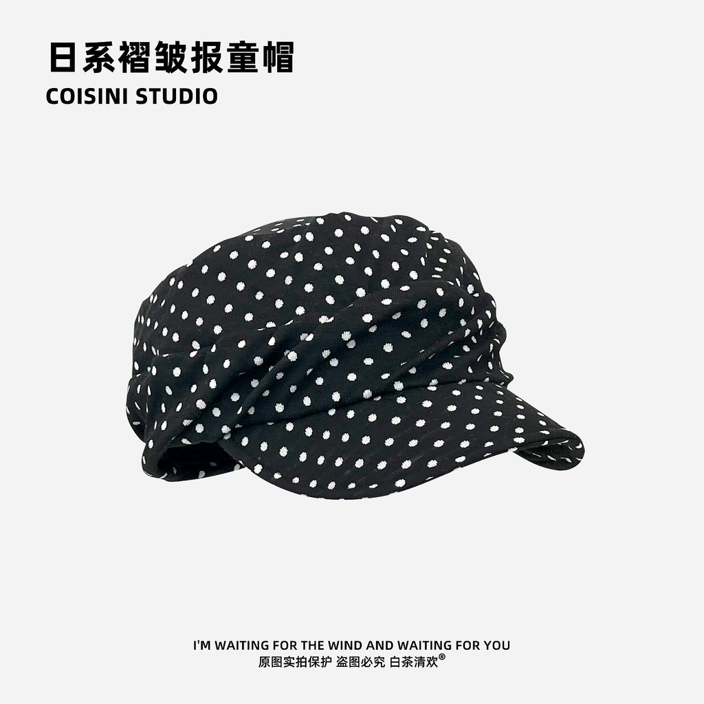 Polka Dot จีบ Newsboy หมวกฤดูใบไม้ผลิฤดูร้อนกว้าง Brim หัวใหญ่เส้นรอบวงแสดงใบหน้าจิตรกรน้อยหมวก