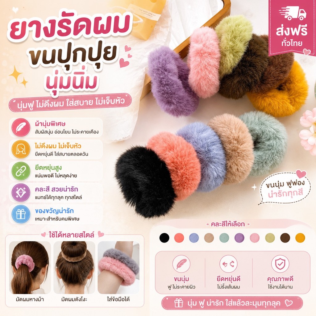 GTRmallshop PSTS4(ร้านไทย) ยางรัดผมขนปุกปุย นุ่มนิ่ม (เครื่องประดับผม ยางรัดผม โบว์ผูกผมเด็กและผู้ใหญ่)