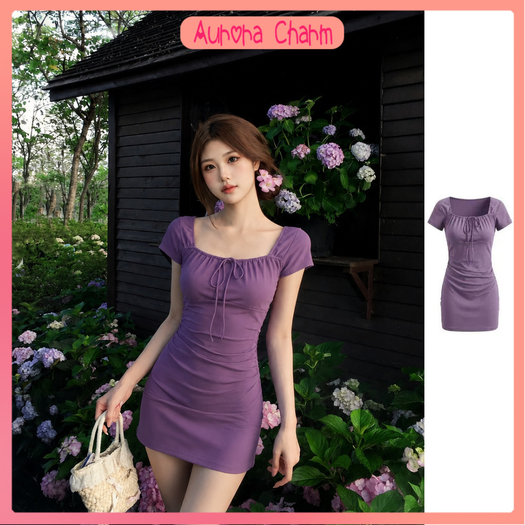 Aurora Charm เดรสสั้นสีม่วง คอสี่เหลี่ยมผูกโบว์ ทรงเข้ารูป ใส่คาเฟ่ (Dress)