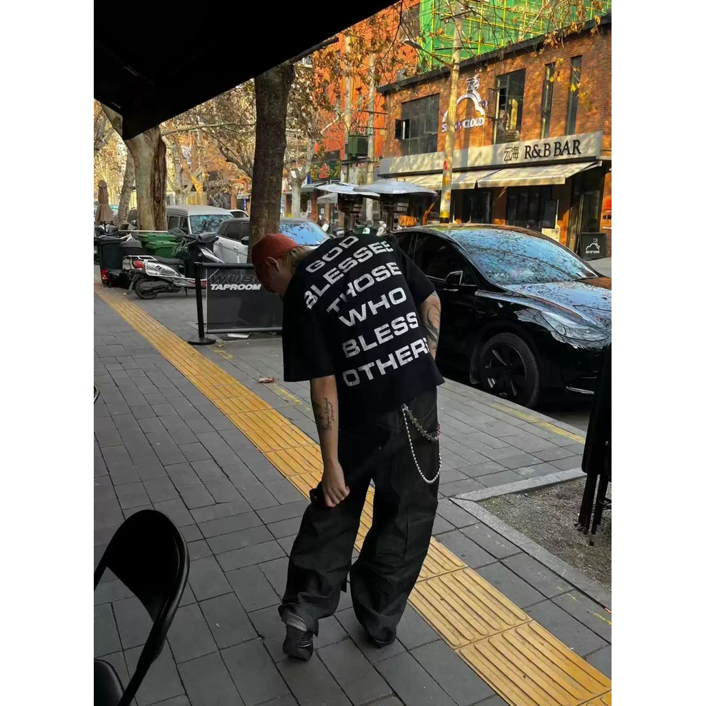 เสื้อยืดแขนสั้นพิมพ์ลาย American Street Cross Dark Style Loose Waffle Top