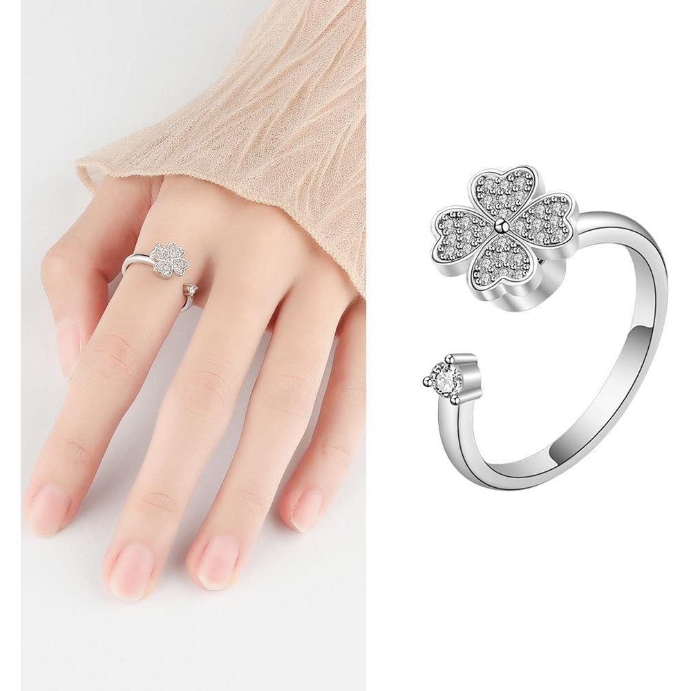 S925 เงินสเตอร์ลิงความวิตกกังวลหมุนแหวนปรับหมุน Four-Leaf Clover แหวนเพทายหญิง Niche High-End YO4
