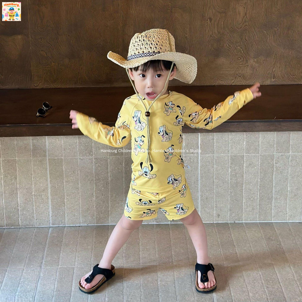 Ins ชุดว่ายน้ําเด็กชายชุด Baby Beachwear | 2026 เด็กเล็กกลางฤดูร้อนแขนยาวการ์ตูนลูกสุนัขชุดว่ายน้ํา + กางเกงว่ายน้ํา